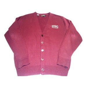 VTG 90s USC Trojans So Cal SFKM Size L Burgundy Cardigan Sweater Knit Woven